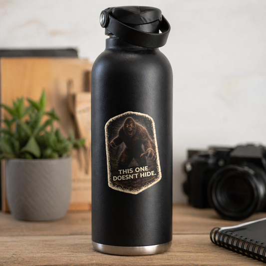 Creepy Bigfoot sticker on stainless steel water bottle, dark forest cryptid design for outdoor gear, durable and weatherproof vinyl decal