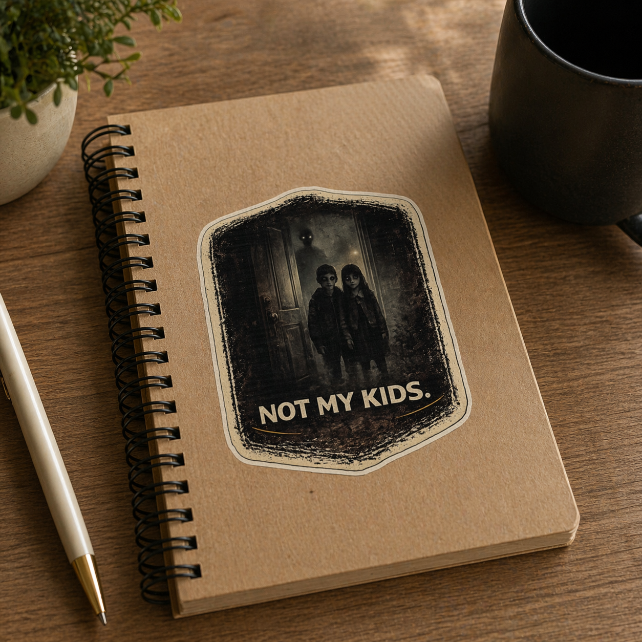 Notebook with 'Not My Kids' sticker on a wooden surface with a mug and pen.
