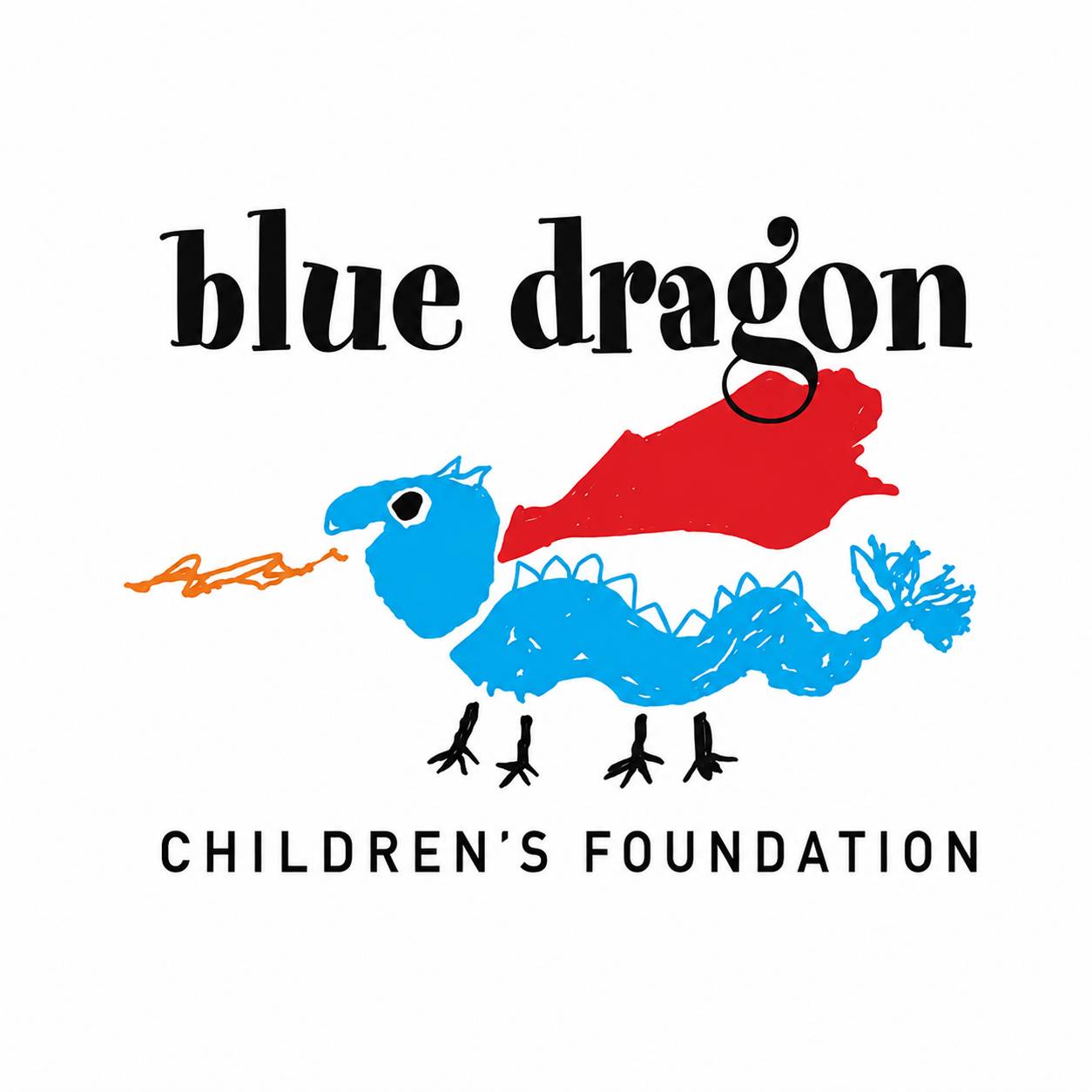 The logo for the Blue Dragon Children's Foundation, featuring a stylized blue dragon with a red cape and orange flame on a white background.
