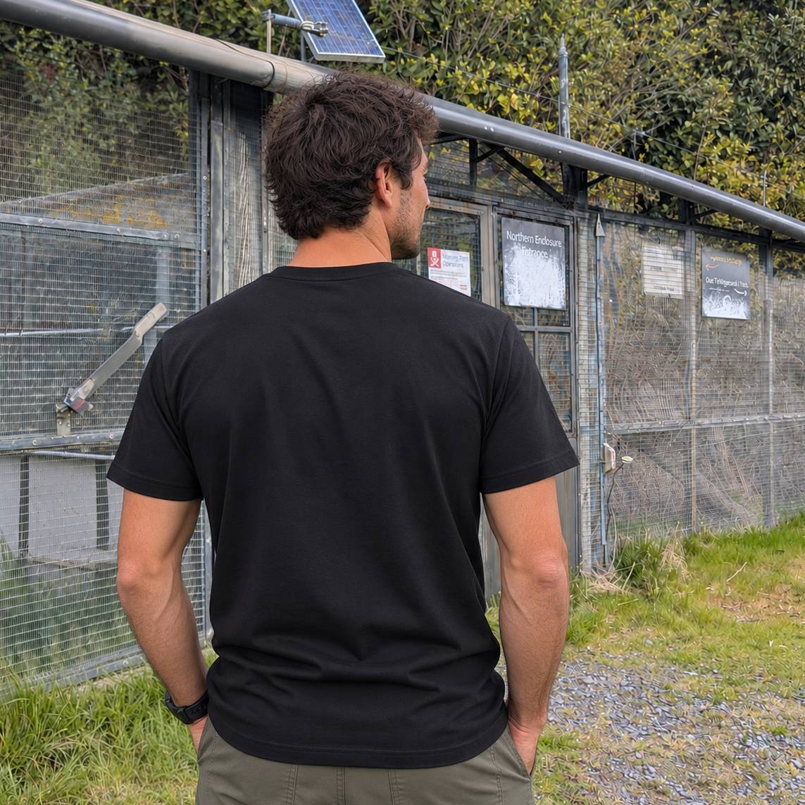 A man viewed from behind wearing a black short-sleeve t-shirt and olive green pants, standing outdoors in front of a wire mesh fence with a small solar panel mounted above.