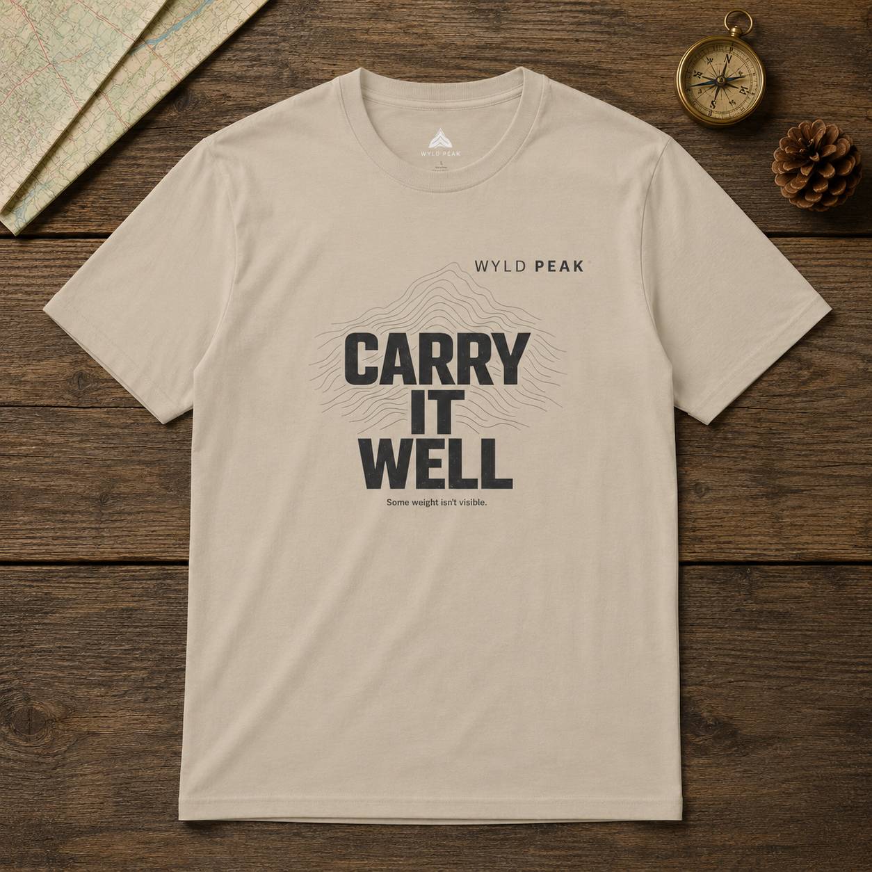 Beige t-shirt with 'Carry It Well' text on a wooden surface with outdoor items.