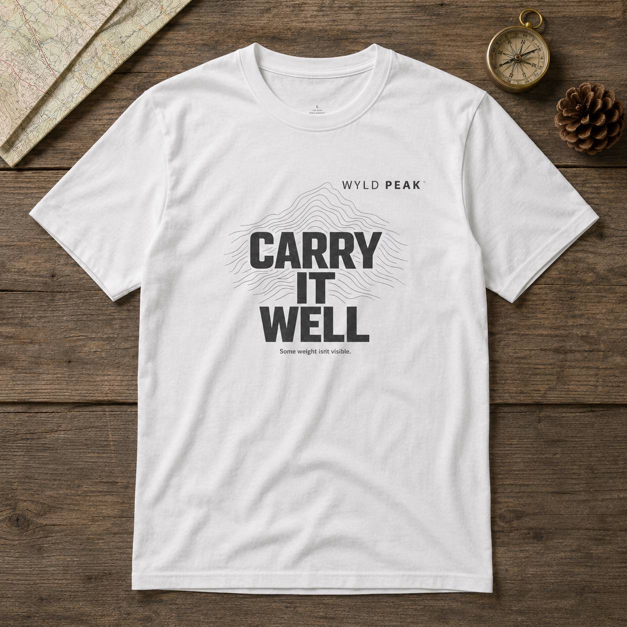 White t-shirt with 'Carry It Well' text on a wooden surface