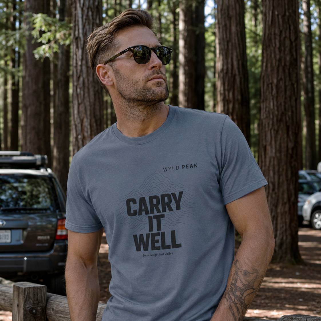 Man wearing a 'Carry It Well' t-shirt in a forest setting
