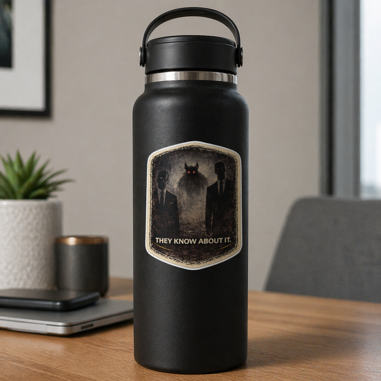 Black water bottle with 'They Know About It' design on a desk