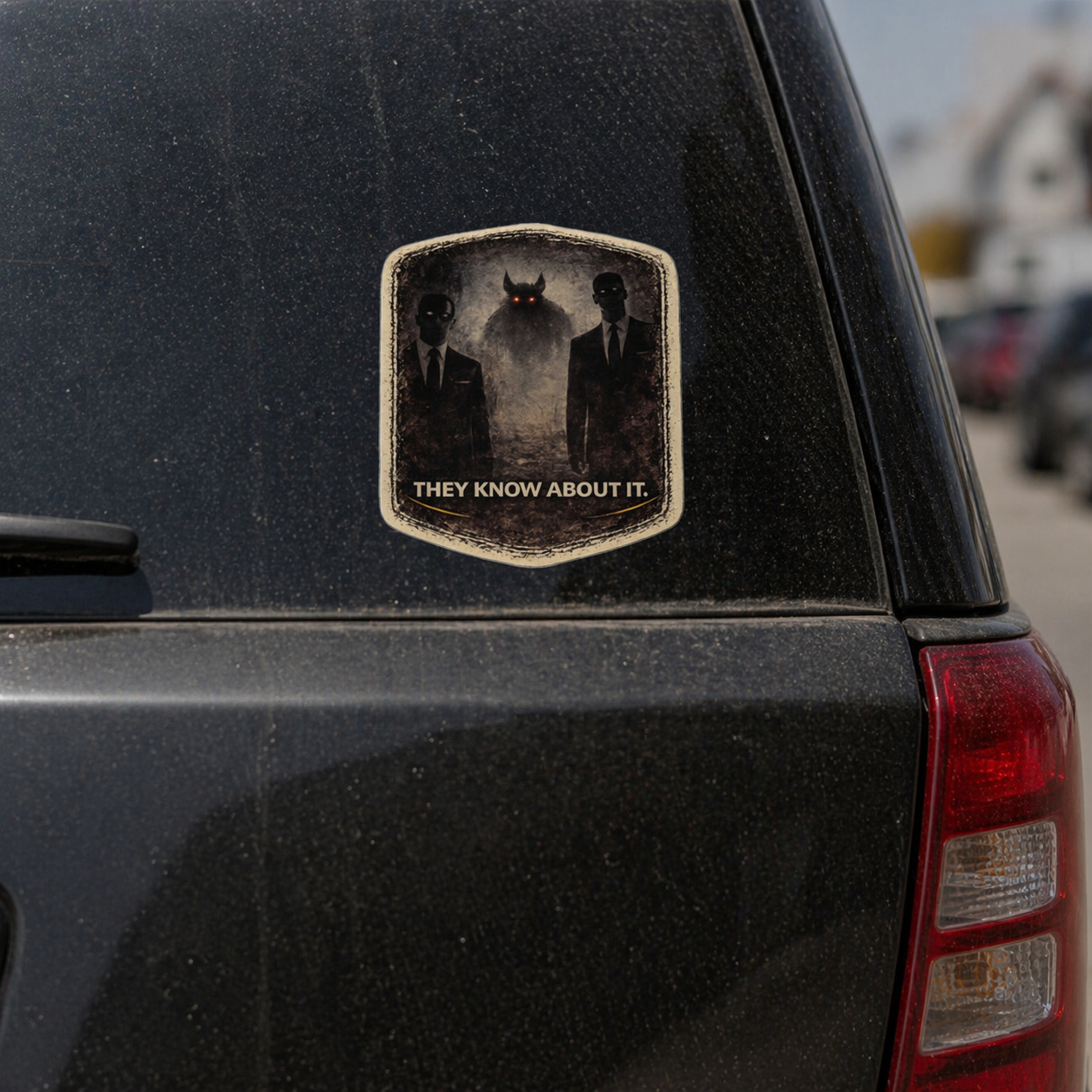 Sticker on a car's rear window with 'They Know About It' text and dark-themed design.