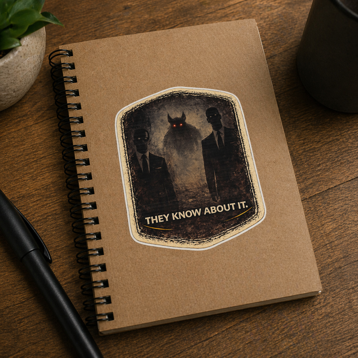 Notebook with Men in Black and Chupacabra sticker on a wooden surface with a mug and pen.