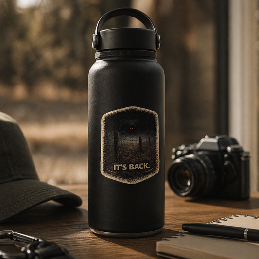 Black water bottle with 'IT'S BACK.' patch on a wooden surface with camera and cap in the background