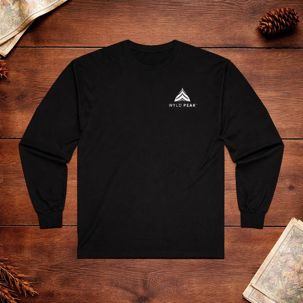 Black long-sleeve shirt with a logo on a wooden surface