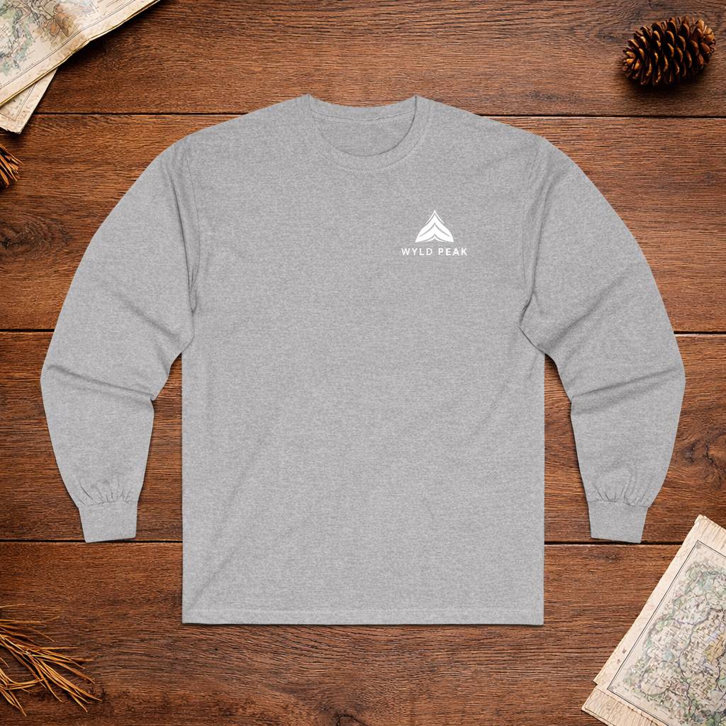 Gray long-sleeve shirt with a logo on a wooden surface
