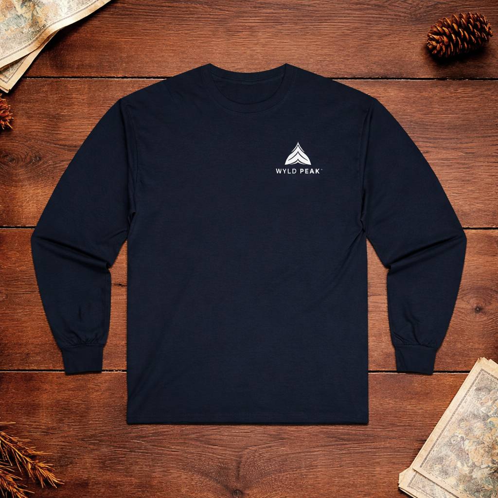 Black long-sleeve shirt with a logo on a wooden surface