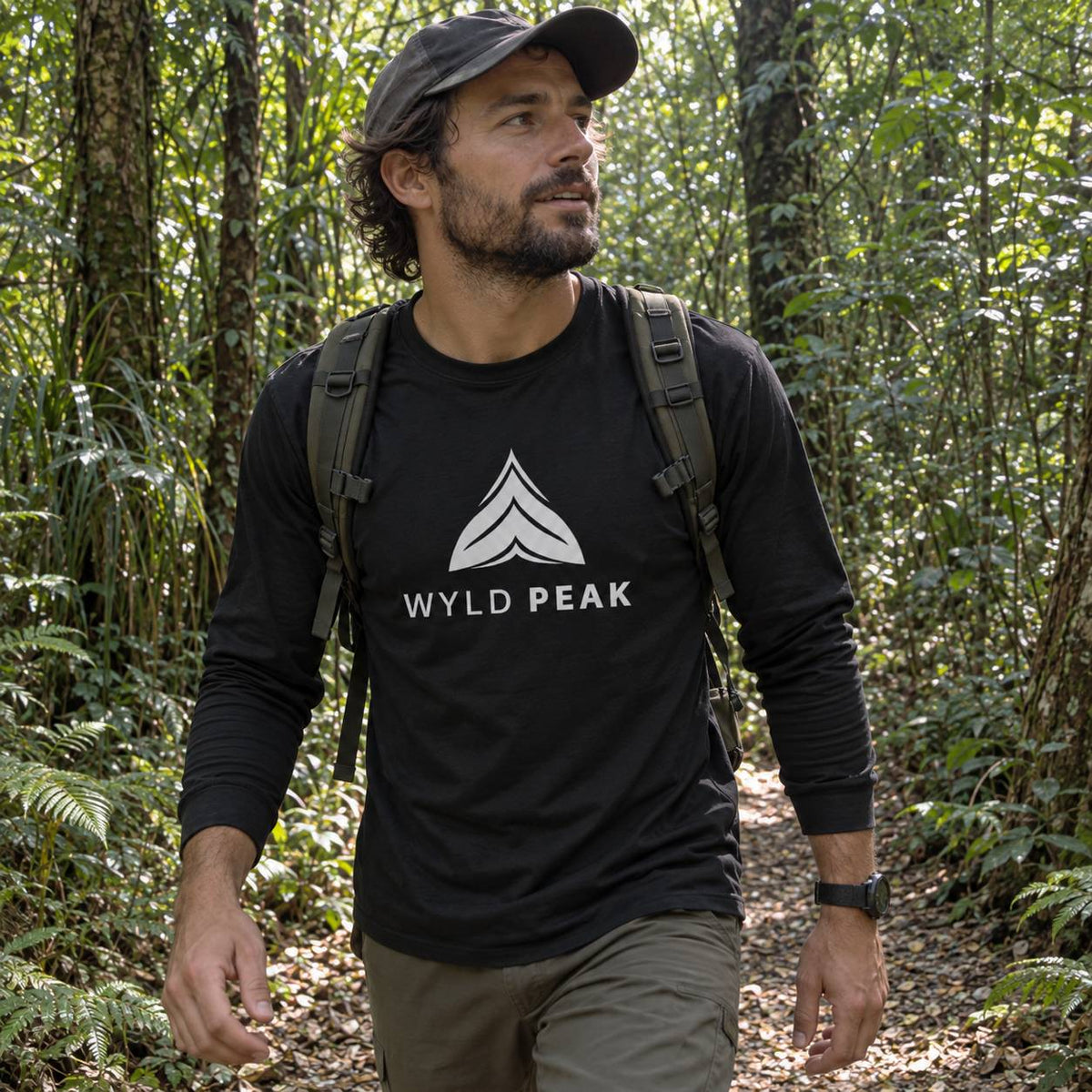A man hiking on a forest trail wearing a black long-sleeve t-shirt with a white 'WYLD PEAK' logo, a dark cap, and a backpack.
