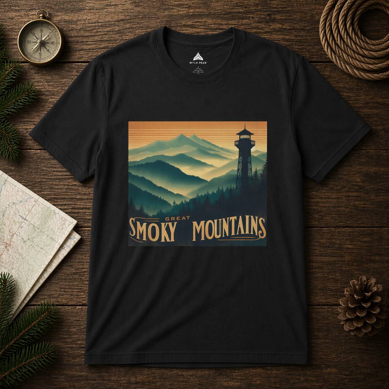 Black t-shirt with 'Great Smoky Mountains' design on a wooden surface with nature-themed decor.