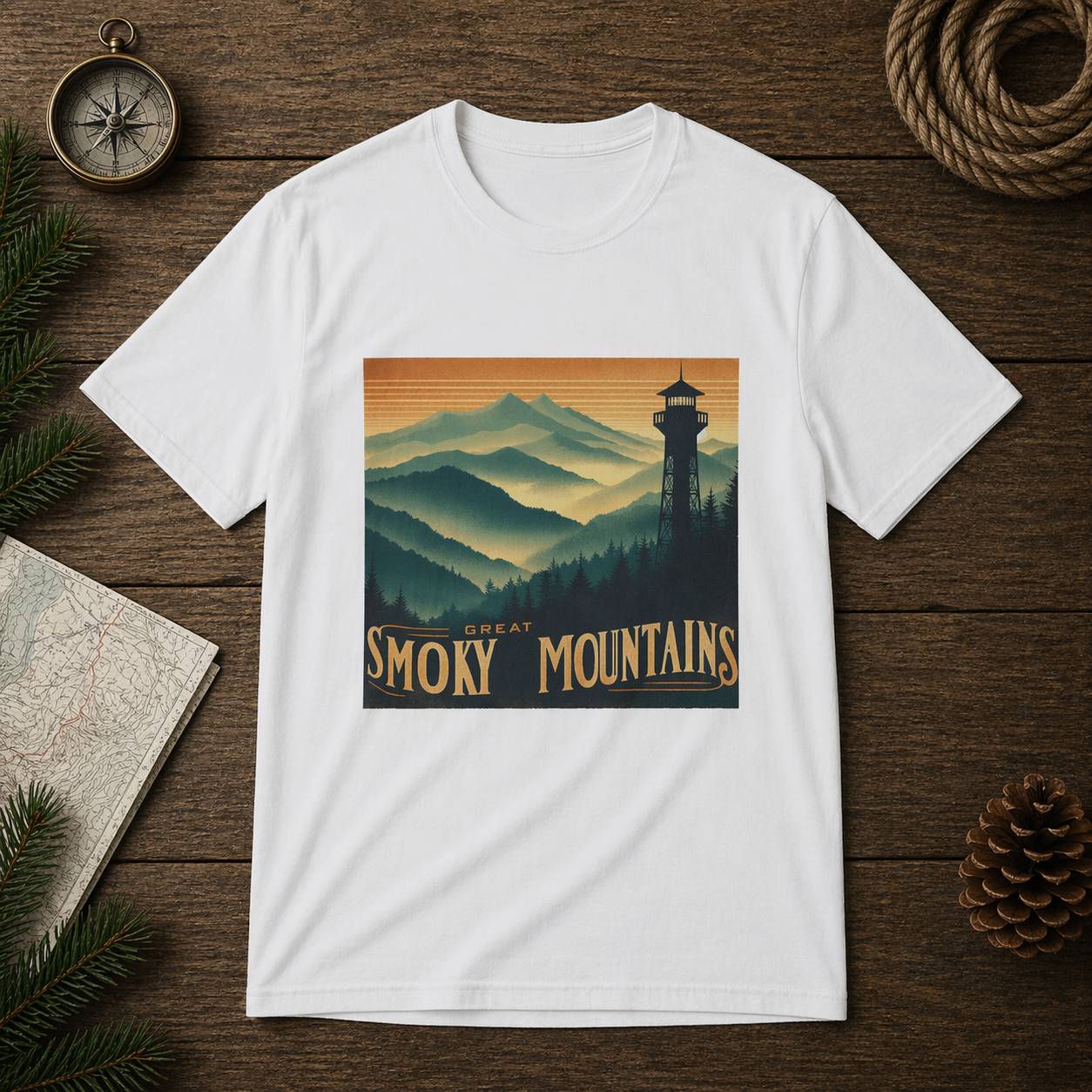 White t-shirt with Great Smoky Mountains design on a wooden surface with nature-themed decor.
