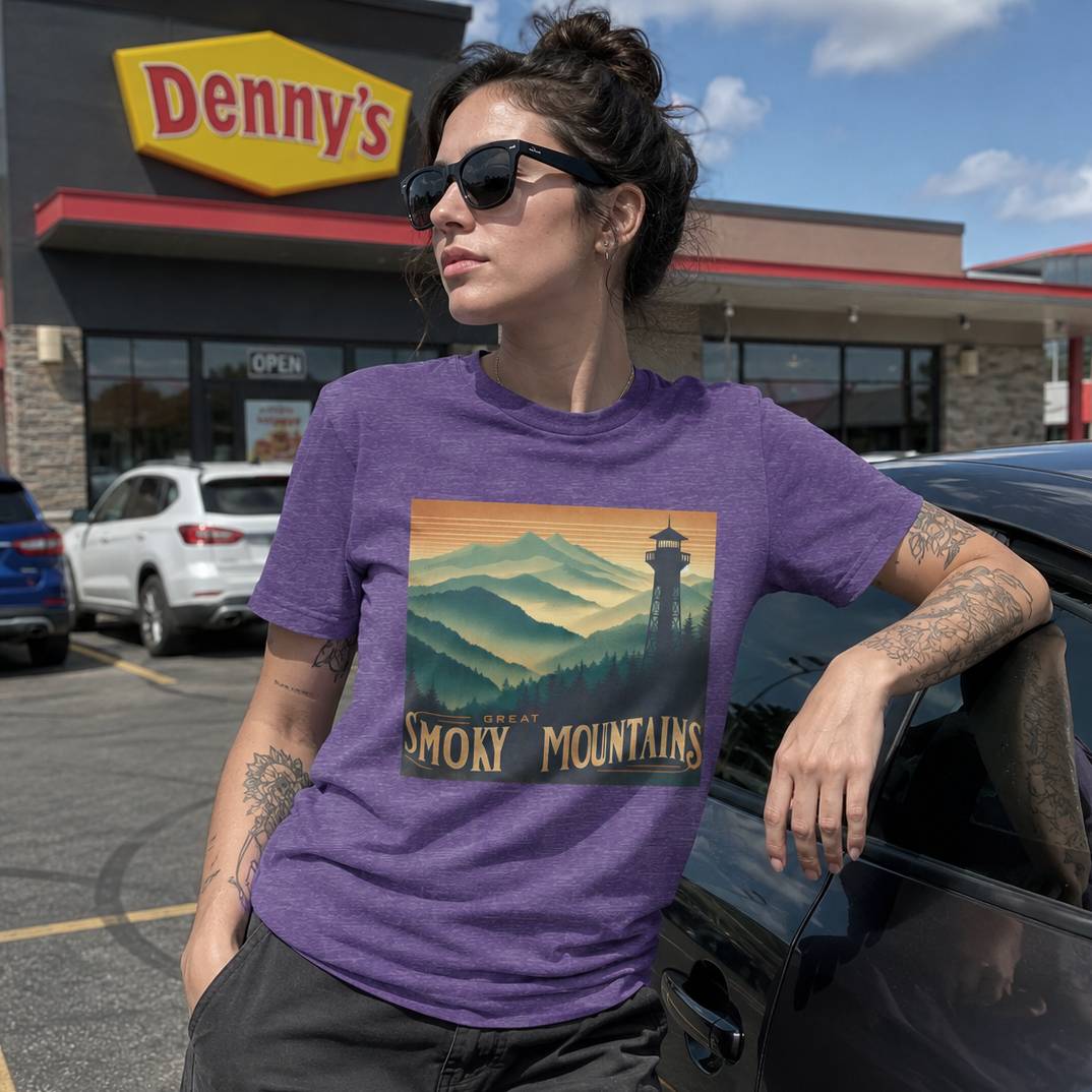 Person wearing a purple t-shirt with a Smoky Mountains graphic in front of a Denny's restaurant.