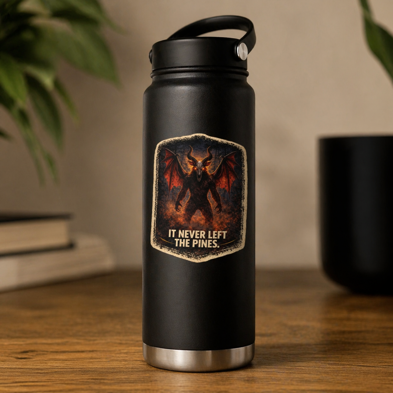 Black water bottle with a graphic design and text on a wooden surface.