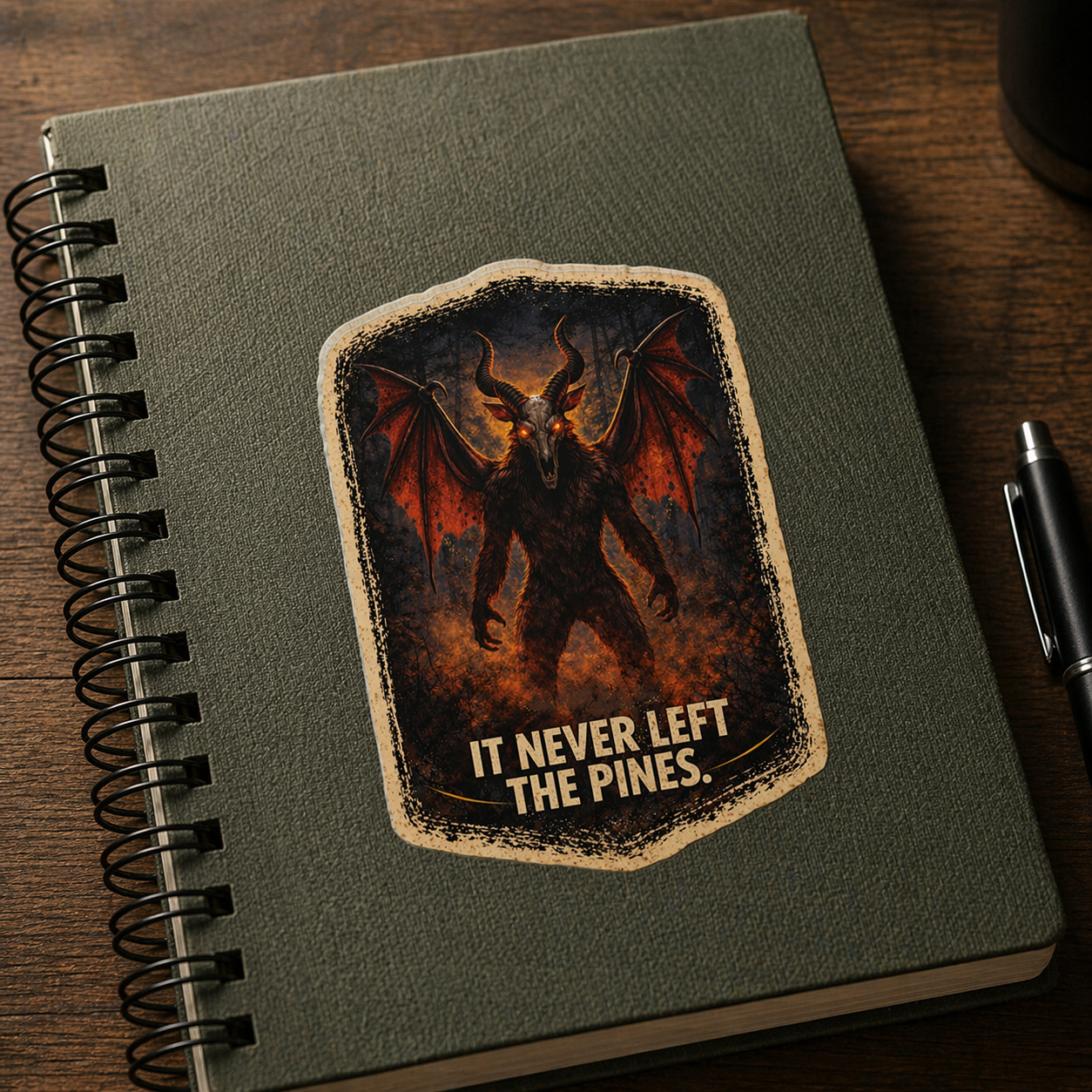 Notebook with a dragon illustration and text on a wooden surface