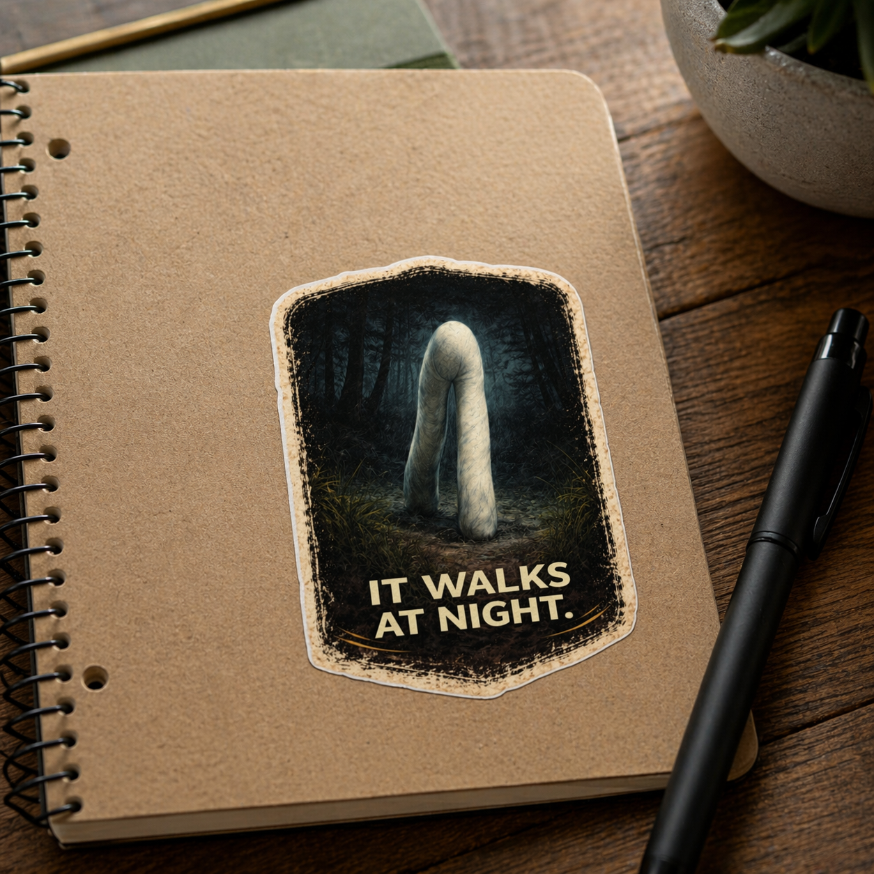 Notebook with a sticker of a creature and 'It Walks at Night' text on a wooden surface.