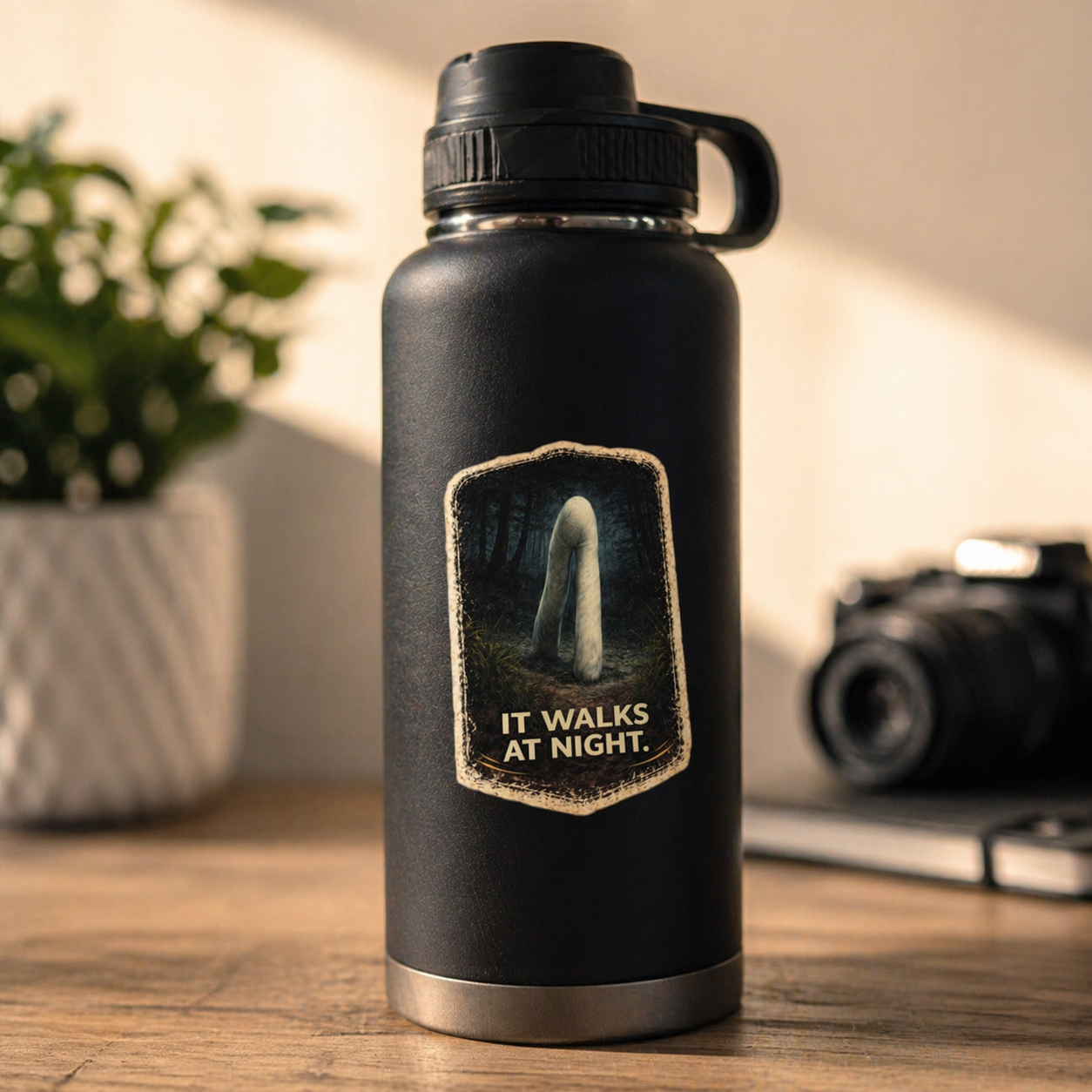 Black water bottle with a design and text 'It Walks at Night' on a wooden surface.