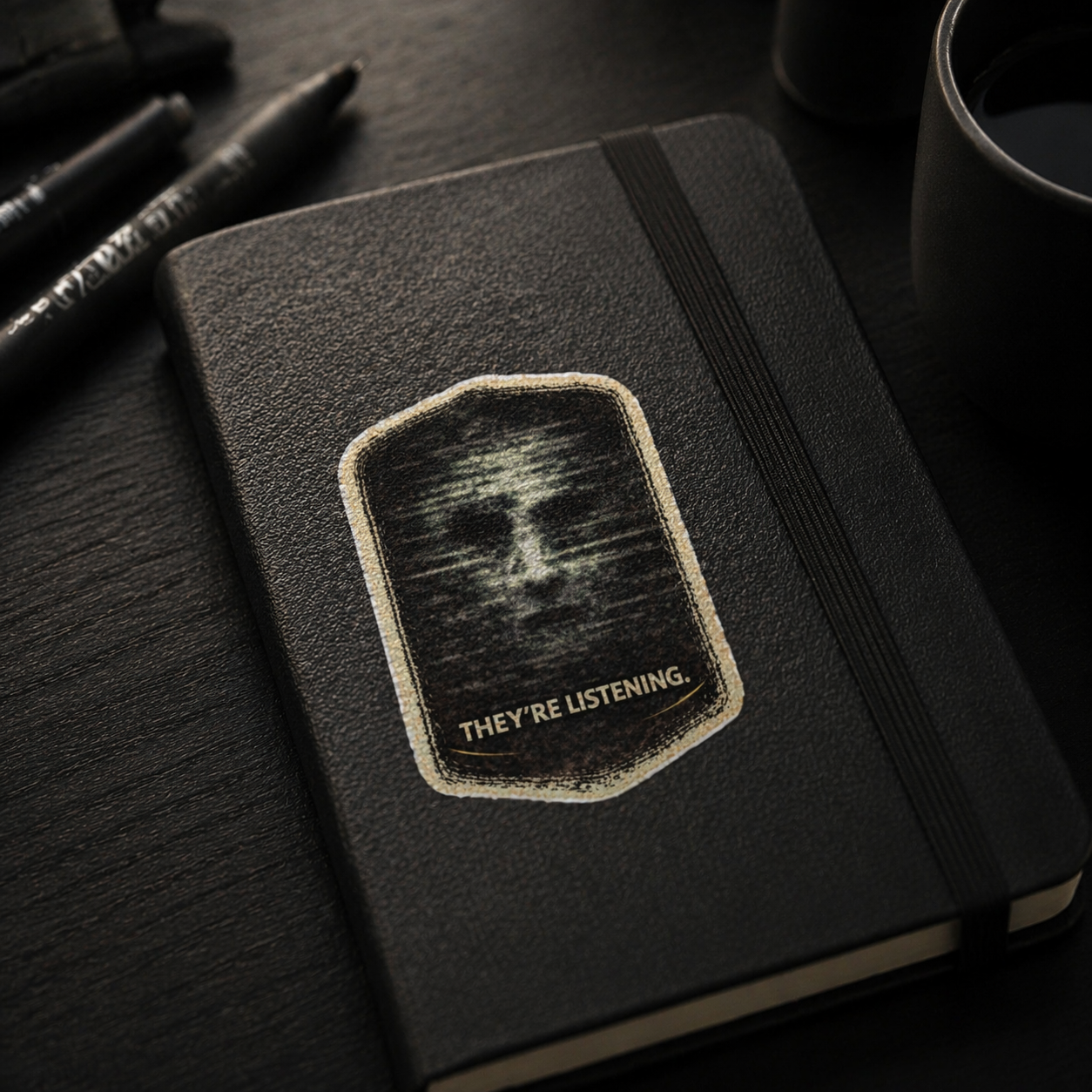 “They’re Listening” creepy vinyl sticker on notebook, dark aesthetic static face design for journals, perfect for horror and weird art lovers