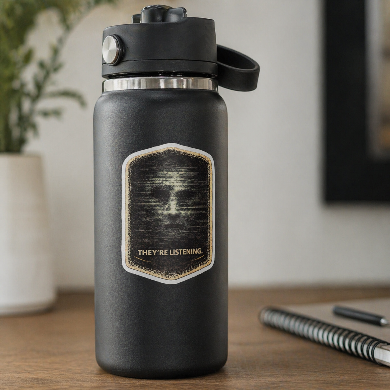 Creepy “They’re Listening” sticker on matte black water bottle, dark aesthetic vinyl decal for hydro flask, durable and weatherproof everyday sticker