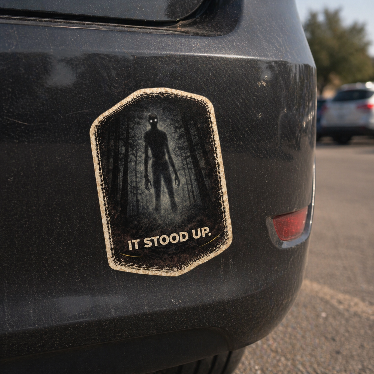 Car with a patch featuring a silhouette and 'IT STOOD UP.' text on a dark background