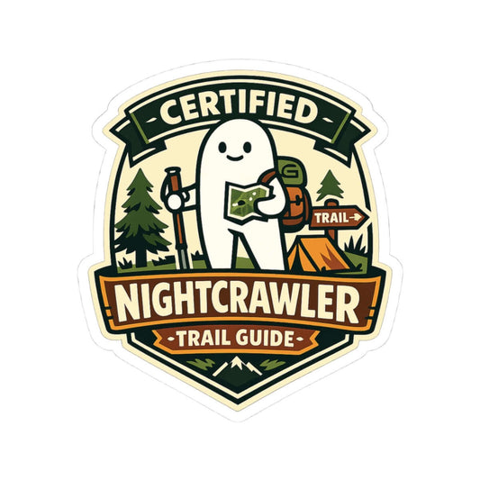Certified Nightcrawler Trail Guide logo with a cartoon ghost holding a map and backpack, surrounded by trees and a tent.