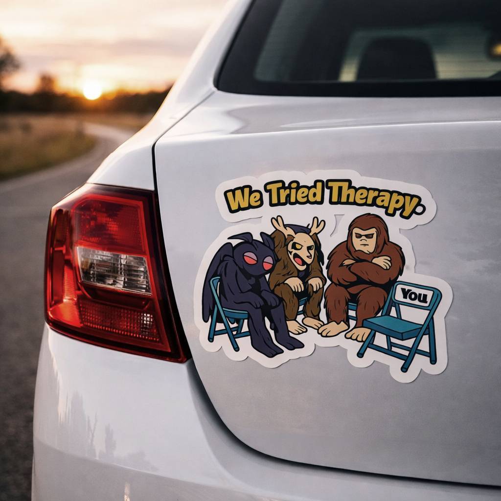 Car with a 'We Tried Therapy' sticker featuring cartoon characters on the back