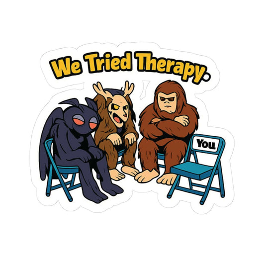 Cartoon characters sitting on chairs with 'We Tried Therapy' text on a white background