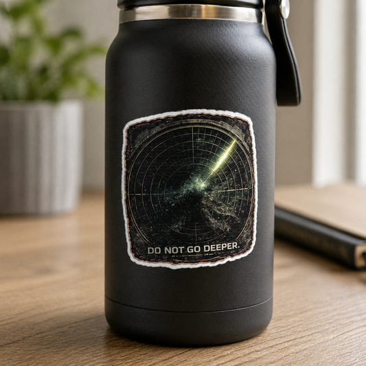 Black insulated bottle with a sonar map design and 'Do Not Go Deeper' text on a wooden surface.
