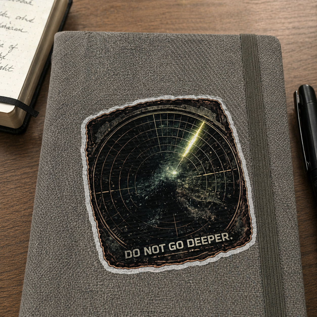 Notebook with a patch featuring a star map and 'Do Not Go Deeper' text on a wooden surface.