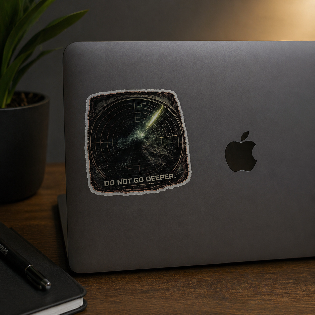 Laptop with a 'Do Not Go Deeper' sticker on a wooden desk