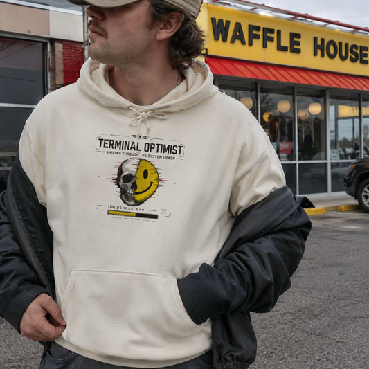 A man wearing a sand graphic hoodie with a skull and yellow smiley face design, standing outside a restaurant.
