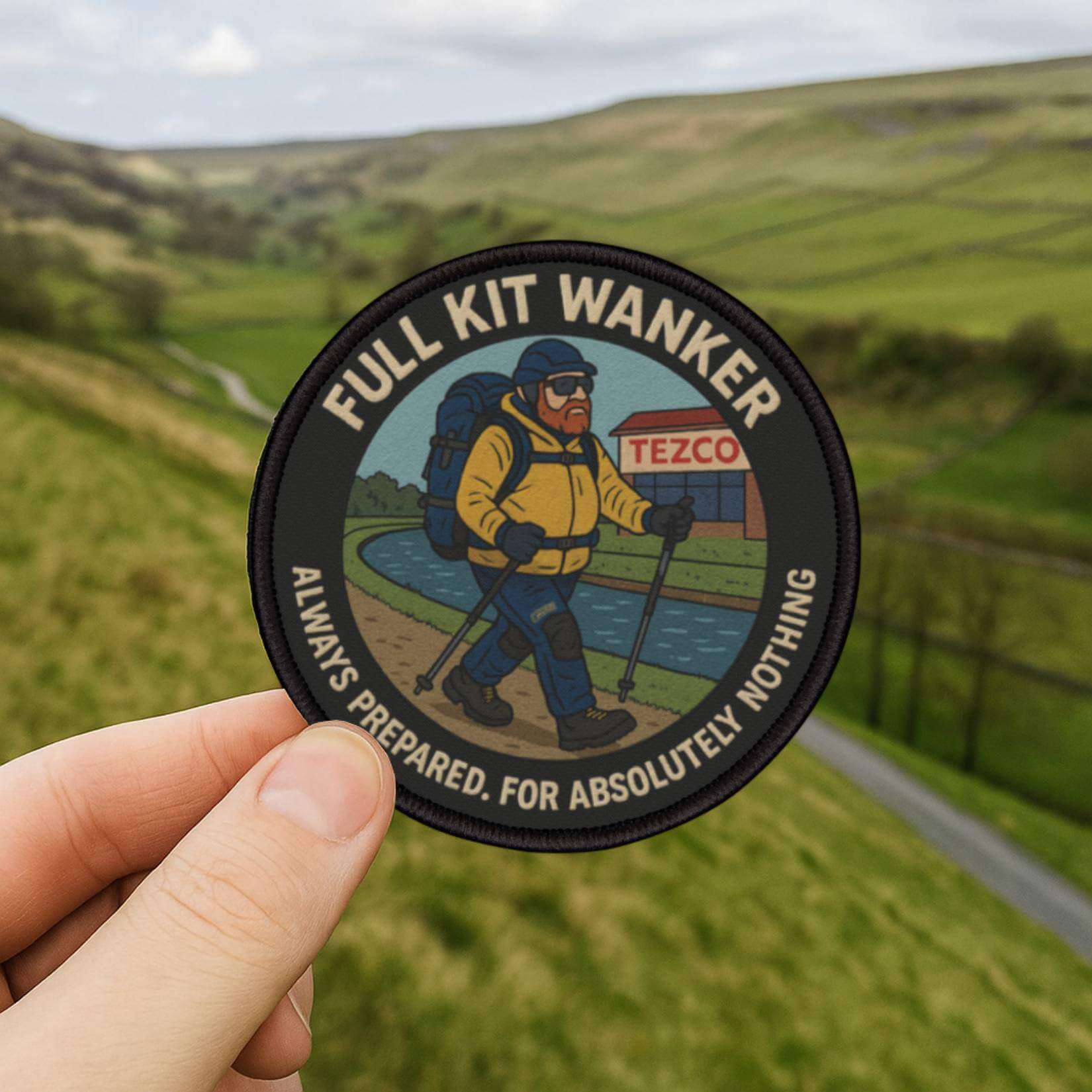 Dales Drifter patch being held on a scenic walk in the Yorkshire Dales