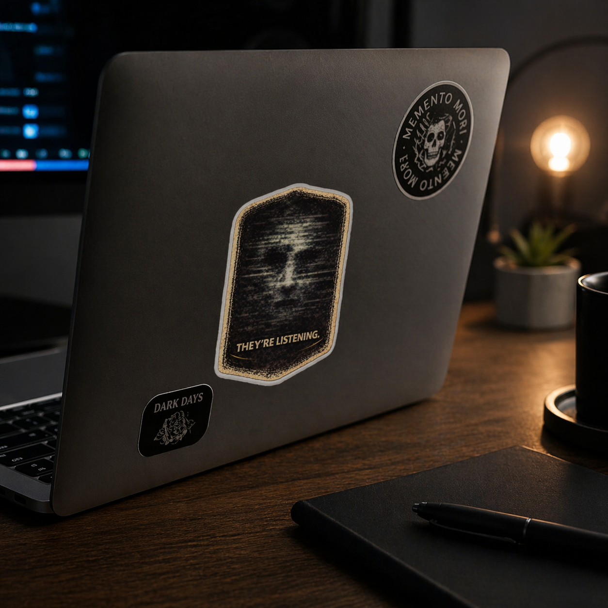 Dark aesthetic laptop with “They’re Listening” creepy sticker, analog horror static face design on minimalist desk setup with moody lighting