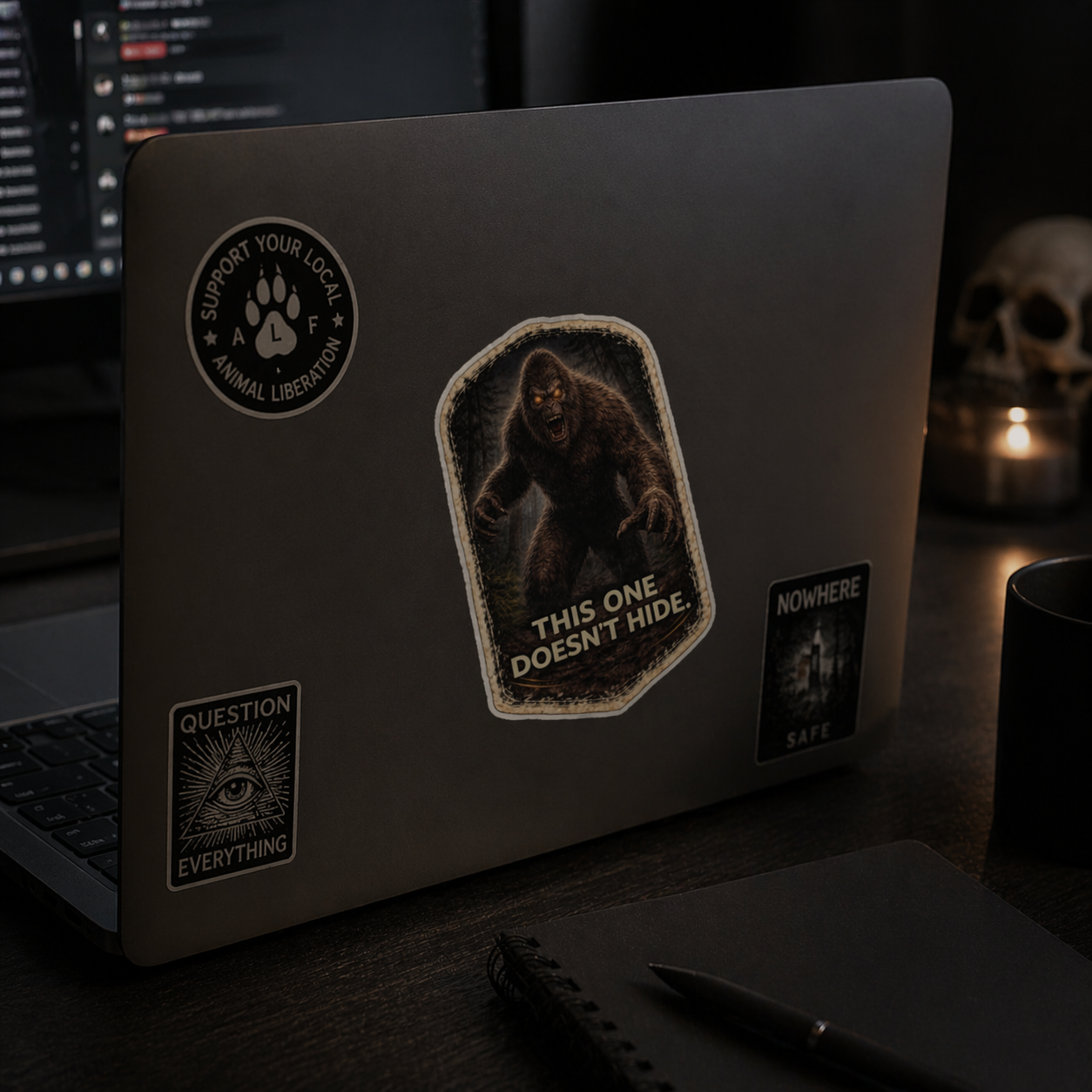 Minimal laptop setup with creepy Bigfoot sticker, dark forest aesthetic Sasquatch design for cryptid lovers and outdoor-inspired setups