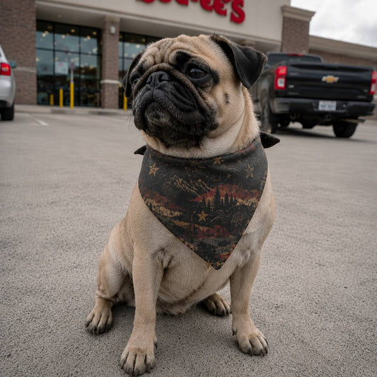Pug dog wearing a bandana sitting in a parking lot with a store in the background.