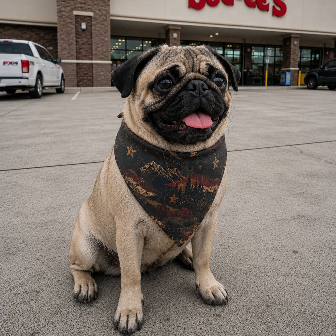 Pug dog wearing a bandana in front of a store with visible branding