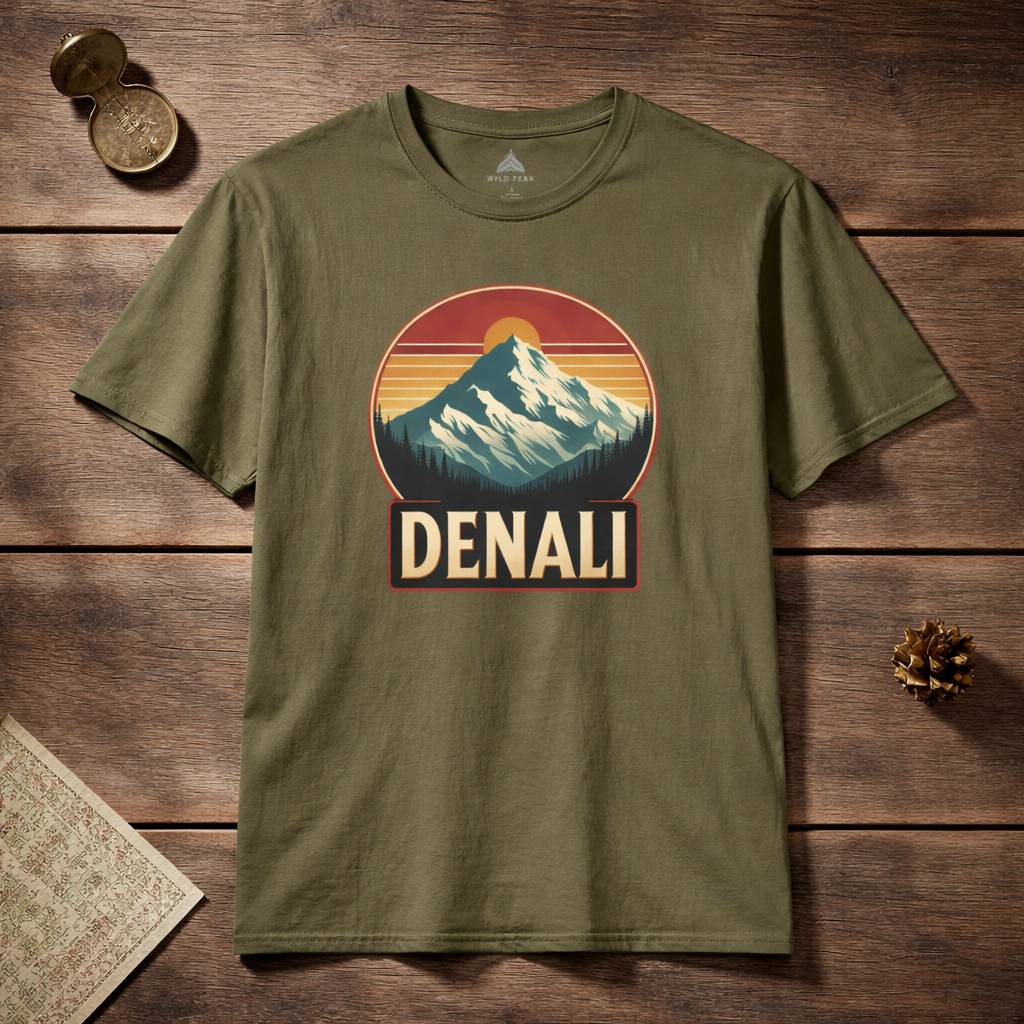 Green t-shirt with Denali mountain graphic on a wooden surface