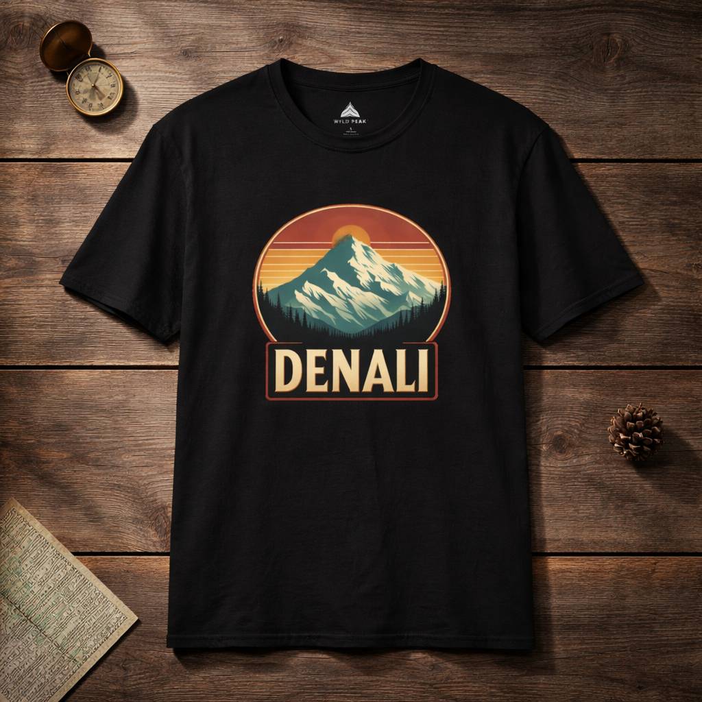 Black t-shirt with Denali mountain graphic on a wooden surface