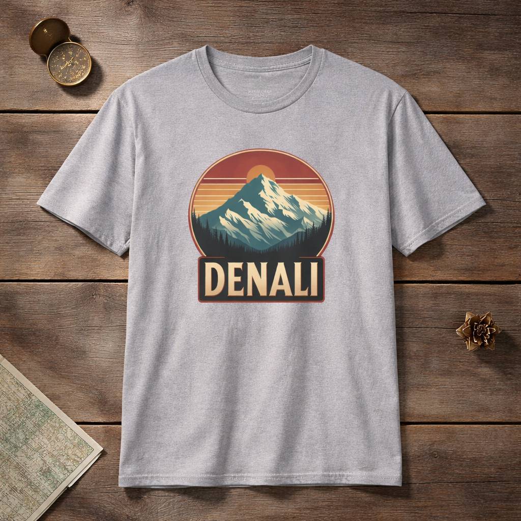 Gray t-shirt with Denali mountain graphic on a wooden surface