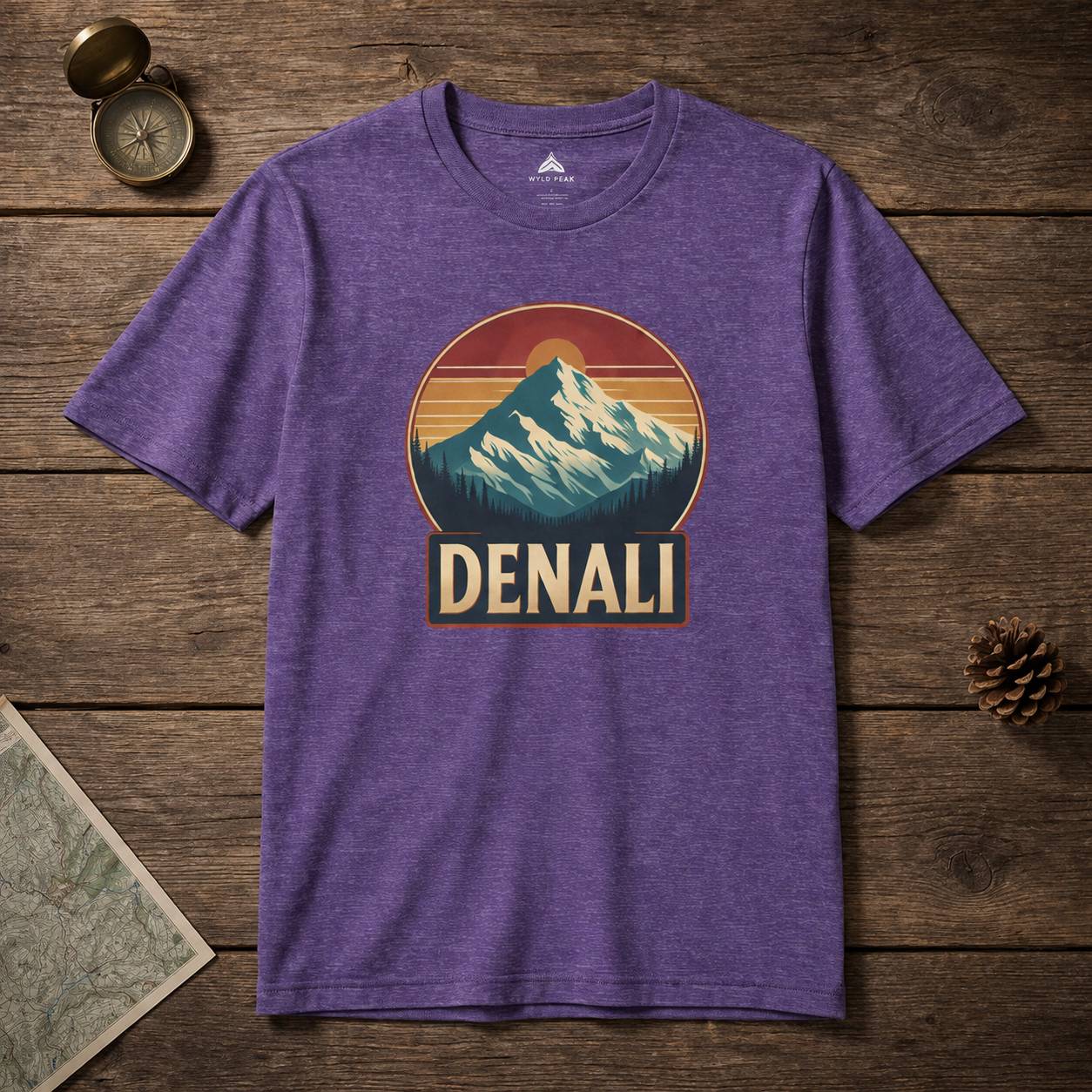 Purple t-shirt with Denali mountain graphic on a wooden surface