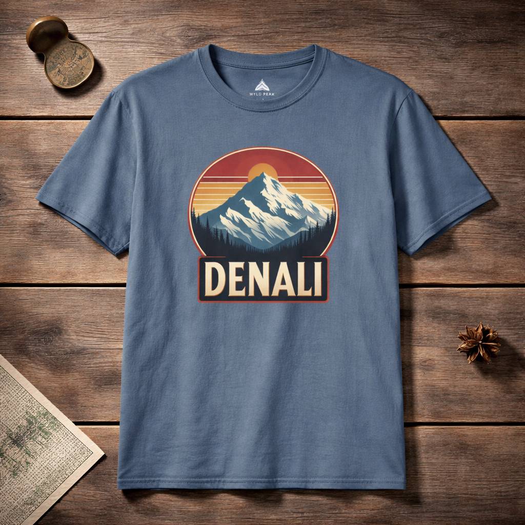 Blue t-shirt with Denali mountain graphic on a wooden surface