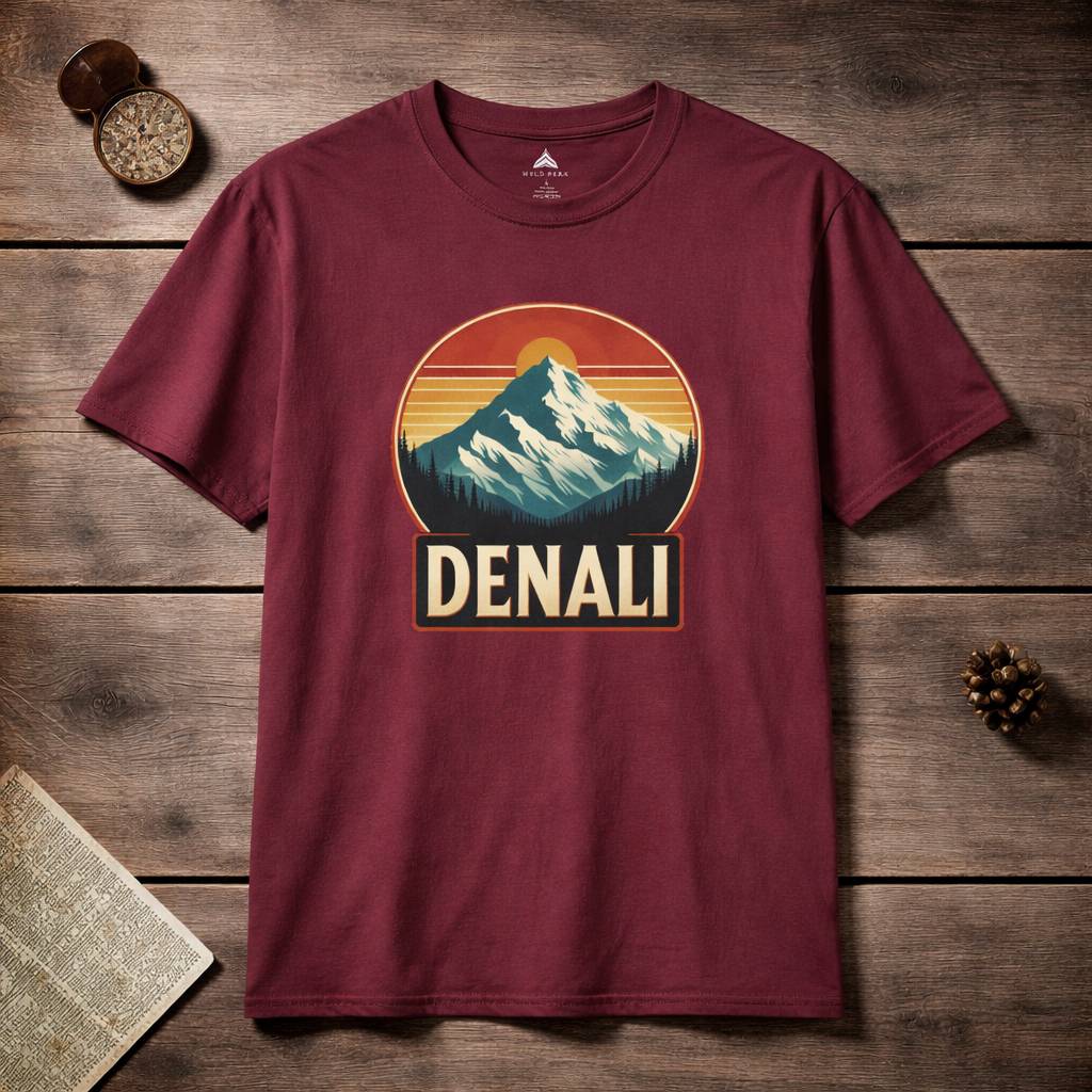 Maroon t-shirt with Denali graphic on a wooden surface