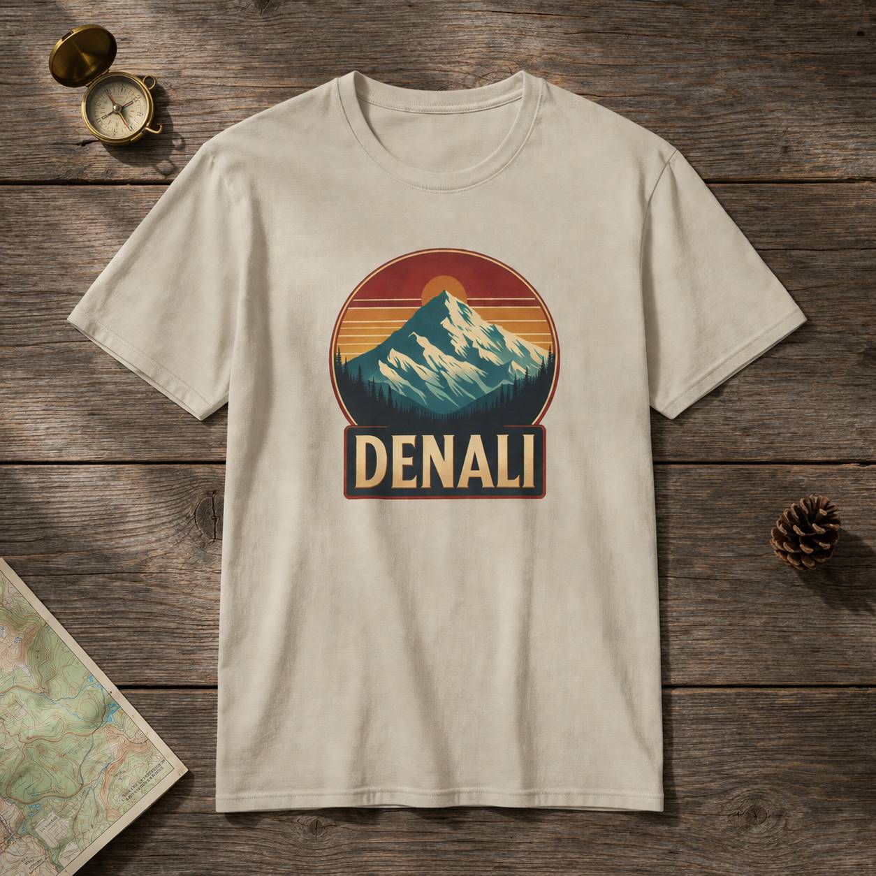 Beige t-shirt with mountain graphic and 'Denali' text on a wooden surface.