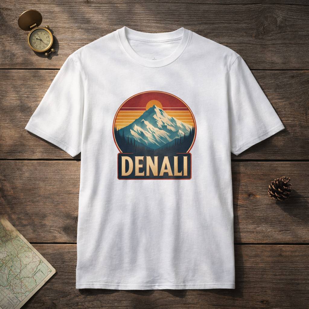 White t-shirt with Denali mountain graphic on a wooden surface