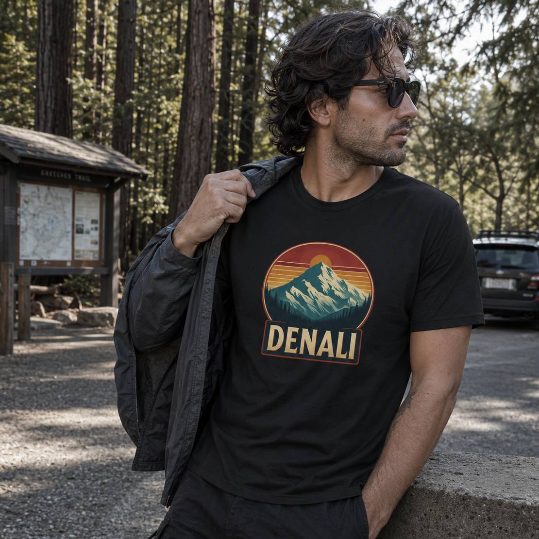 Man wearing a black t-shirt with Denali logo in a forest setting