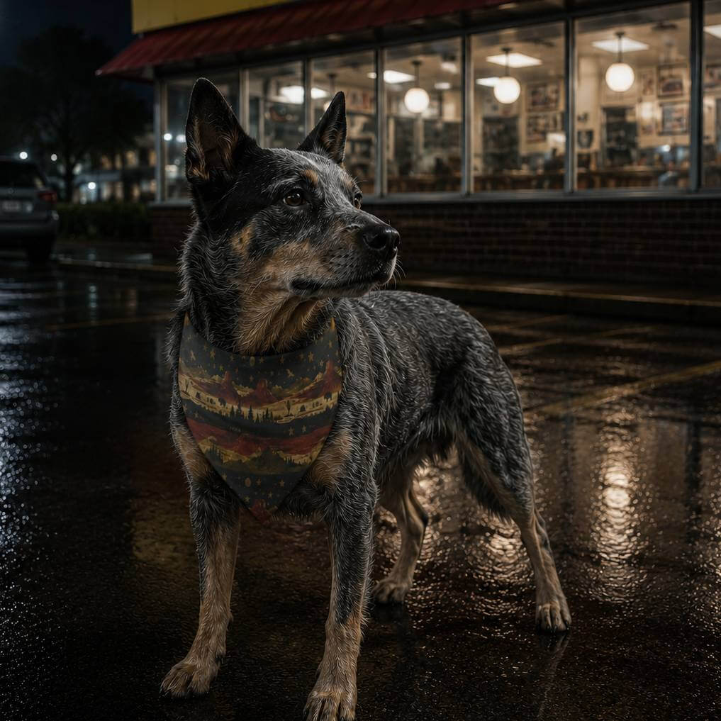 Dog wearing a colorful sweater standing on a wet street at night.