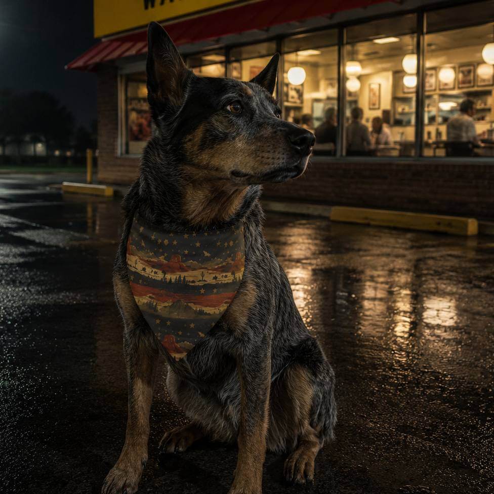 Dog wearing a bandana in front of a store at night