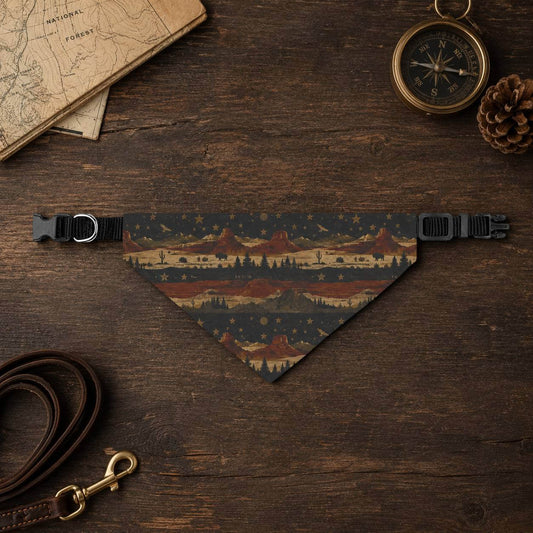 Dog bandana with landscape pattern on a wooden surface with accessories