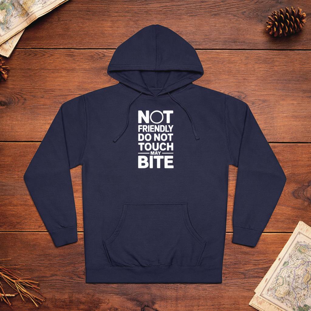 Navy blue hoodie with white text on a wooden surface